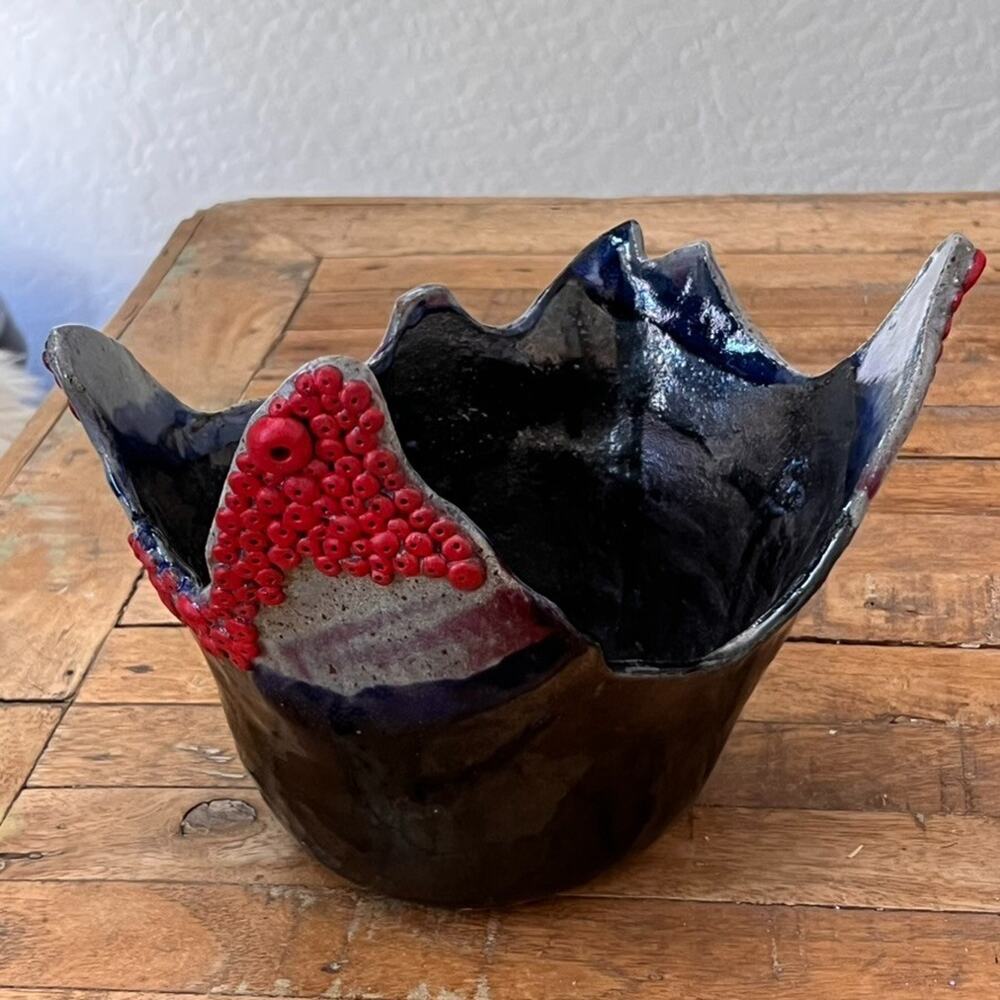Handcrafted Abstract Ceramic Planter Vase Textured Dark Glaze